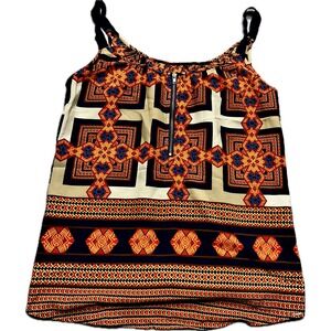 Pixley Tank Top Womens Small Orange Navy Geometric Polyester Boho TS7444-20